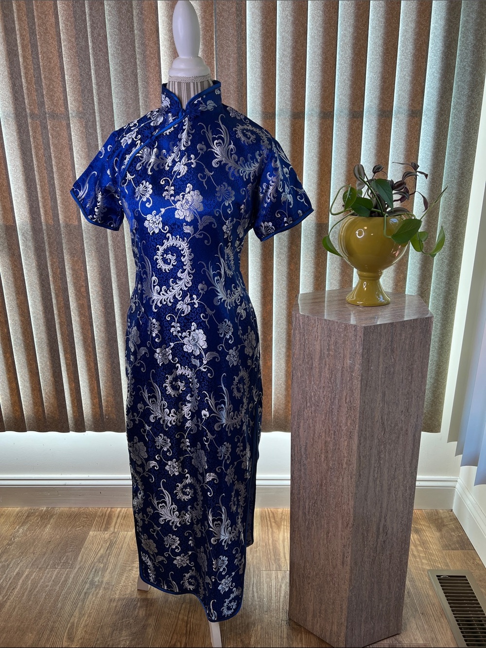 Vintage Royal Blue Floral Jacquard Cheongsam Dress marked 100% Silk